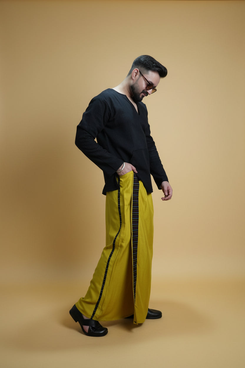 Men Yellow Steve Colour Pajamalungi With Black Stripe Panel