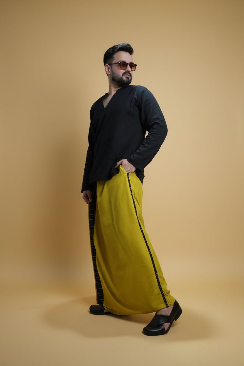 Men Yellow Steve Colour Pajamalungi With Black Stripe Panel
