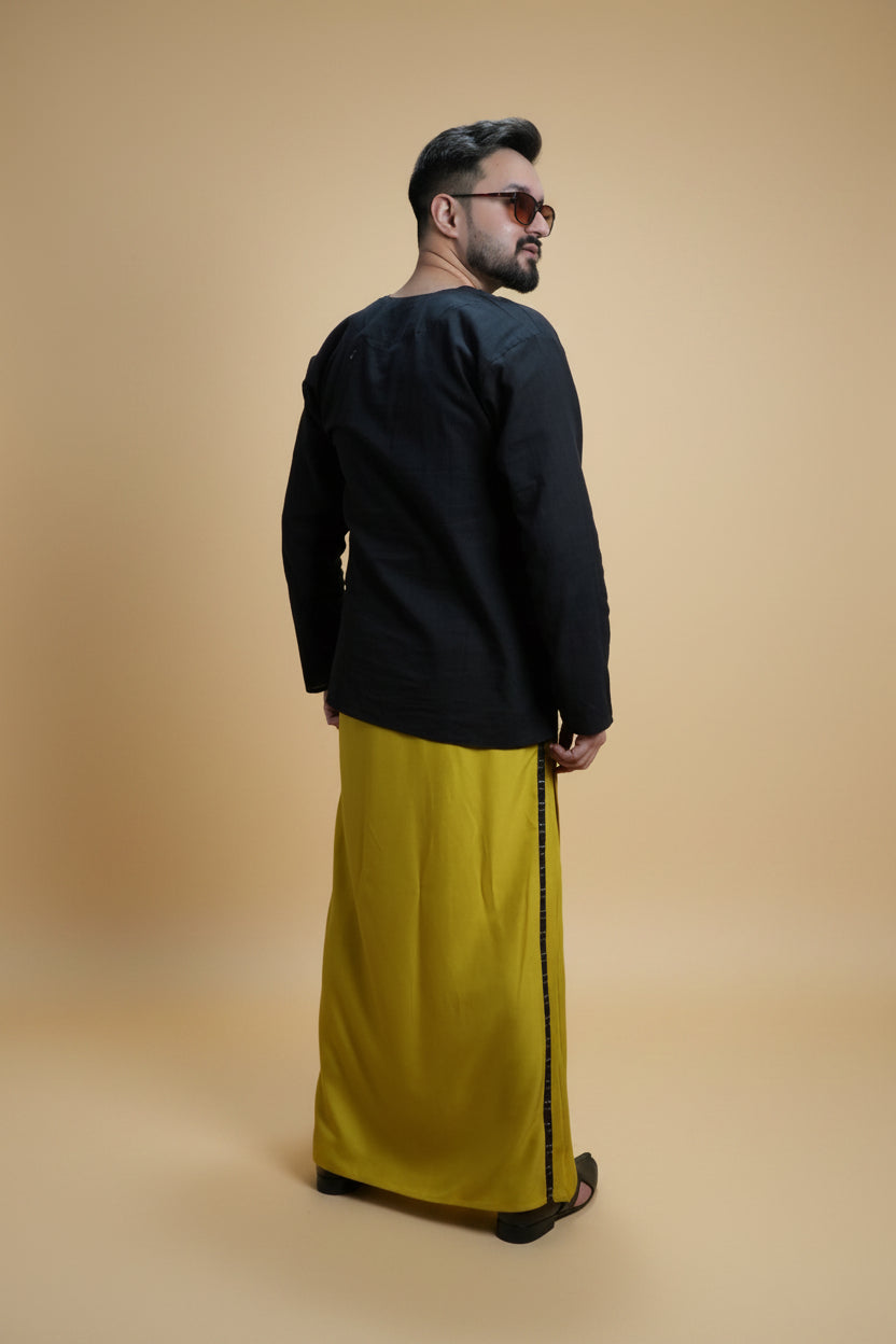 Men Yellow Steve Colour Pajamalungi With Black Stripe Panel