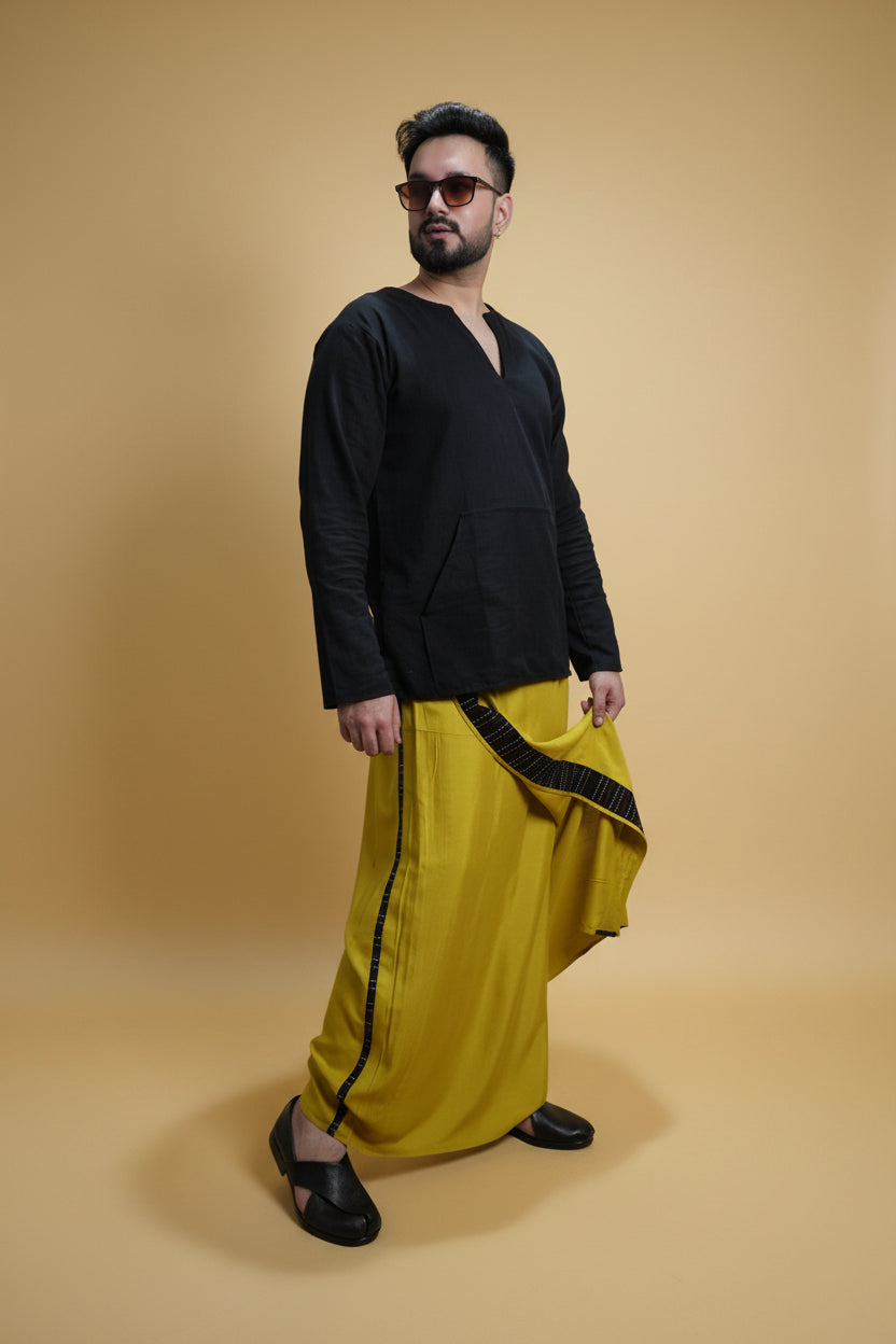 Men Yellow Steve Colour Pajamalungi With Black Stripe Panel