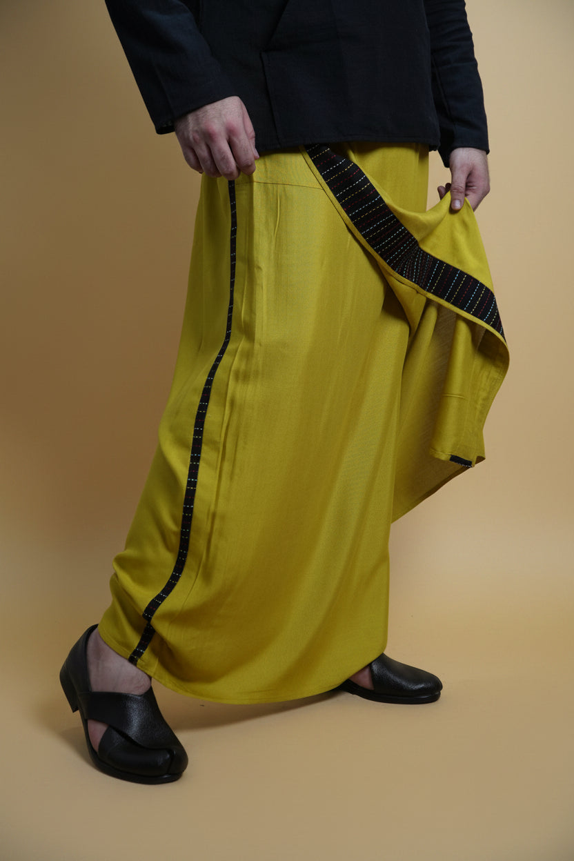 Men Yellow Steve Colour Pajamalungi With Black Stripe Panel