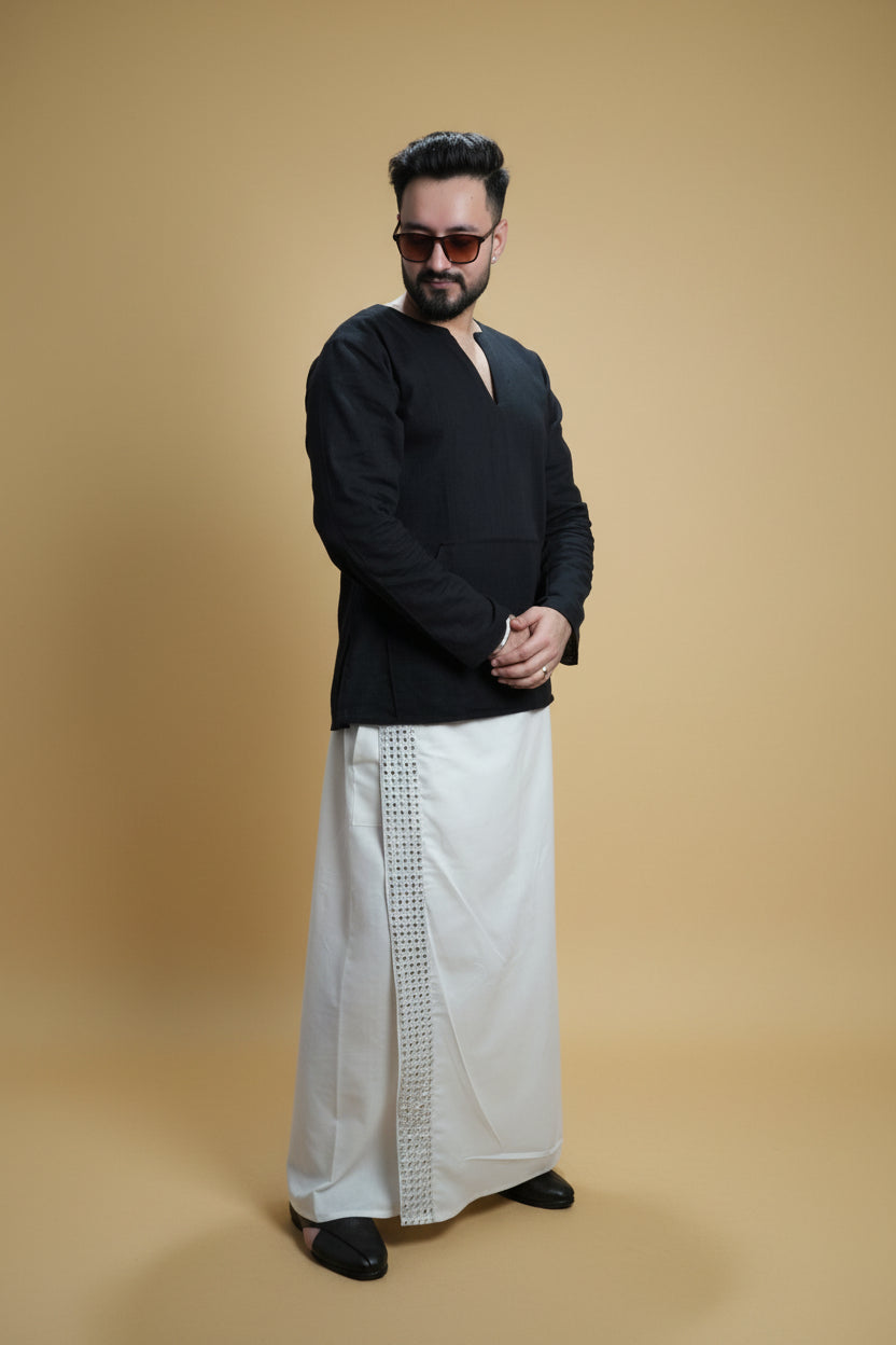 Men White  Colour Pajamalungi With White Mirror embroidery Stripe