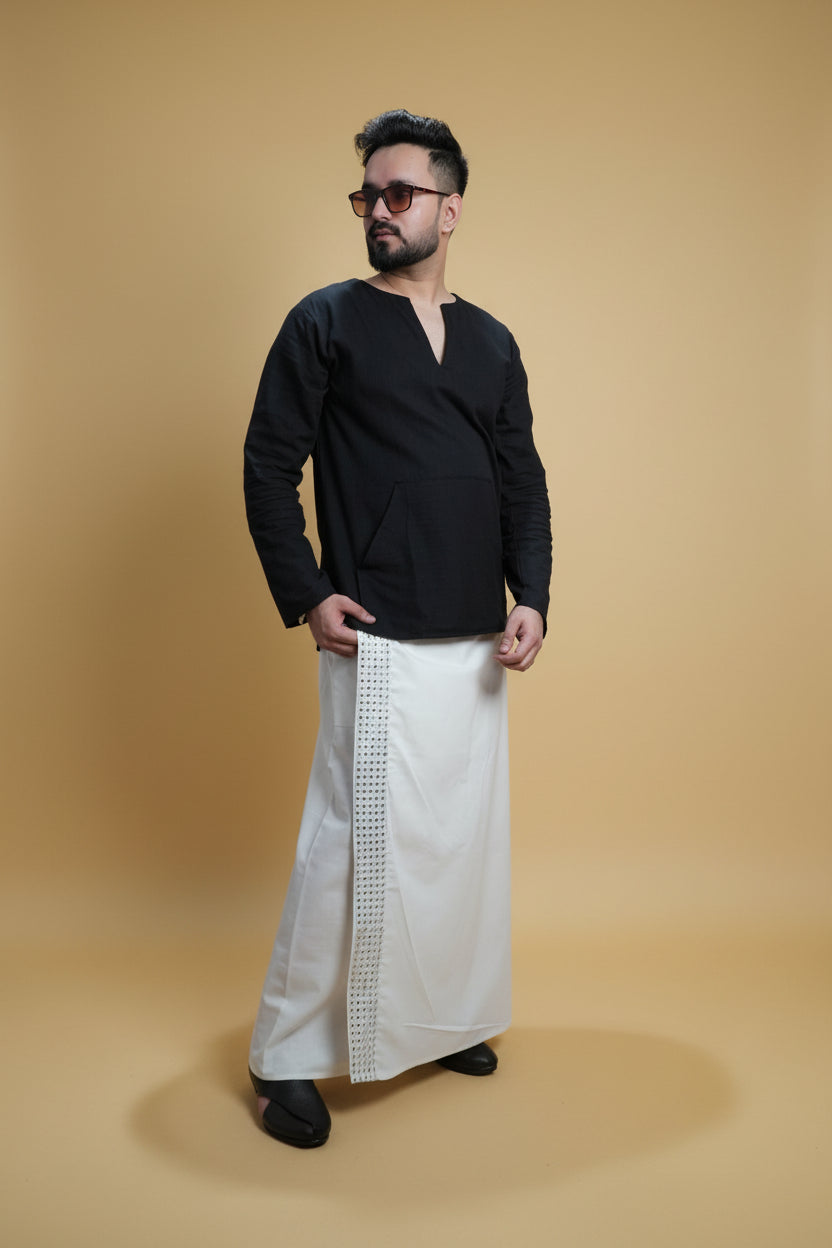 Men White  Colour Pajamalungi With White Mirror embroidery Stripe