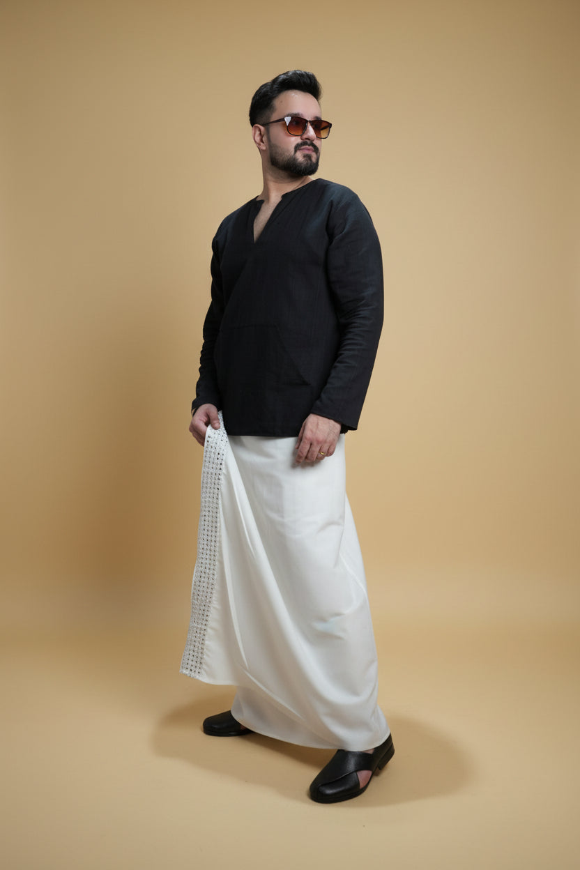 Men White  Colour Pajamalungi With White Mirror embroidery Stripe