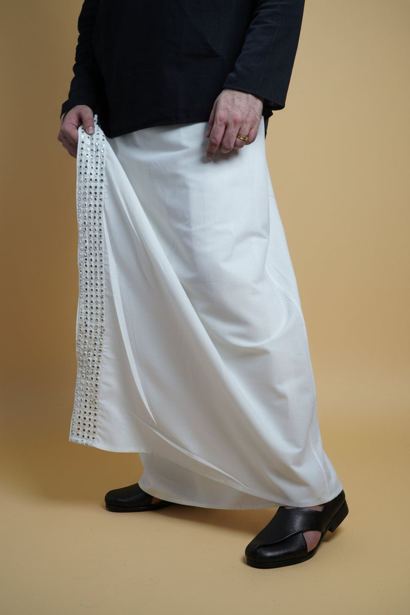 Men White  Colour Pajamalungi With White Mirror embroidery Stripe