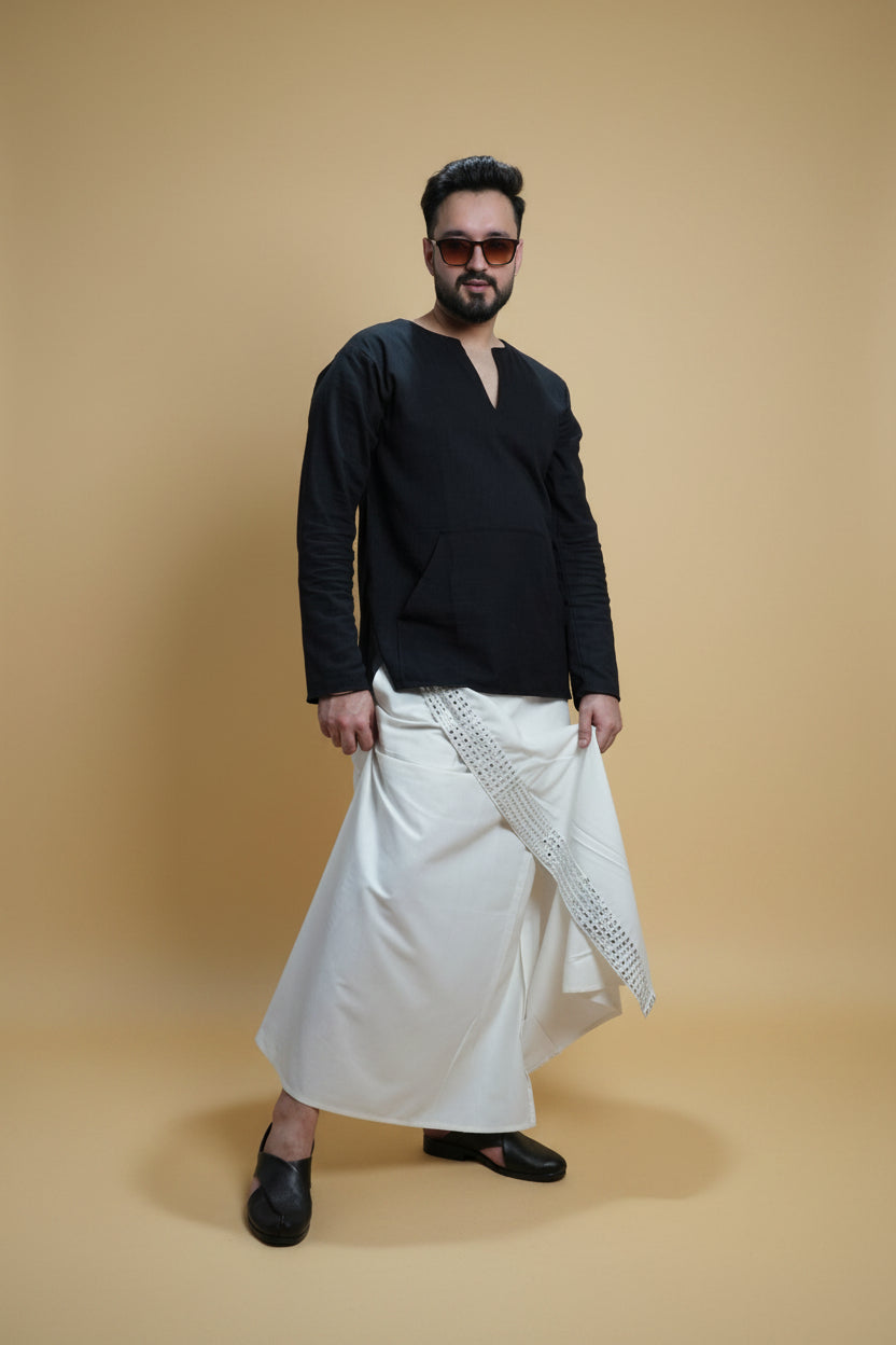 Men White  Colour Pajamalungi With White Mirror embroidery Stripe