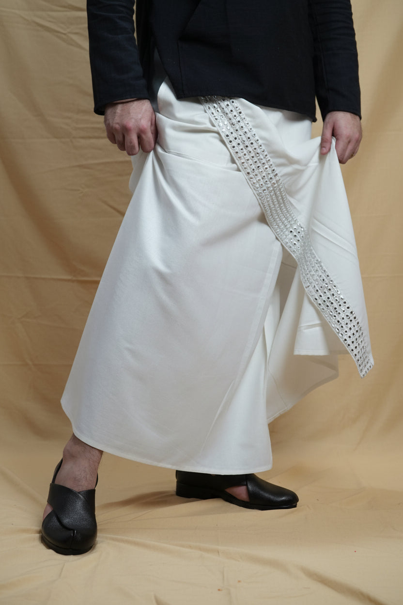 Men White  Colour Pajamalungi With White Mirror embroidery Stripe