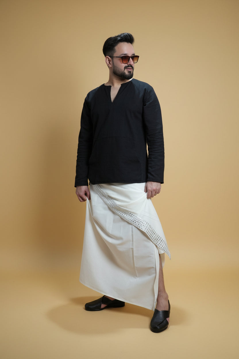 Men White  Colour Pajamalungi With White Mirror embroidery Stripe