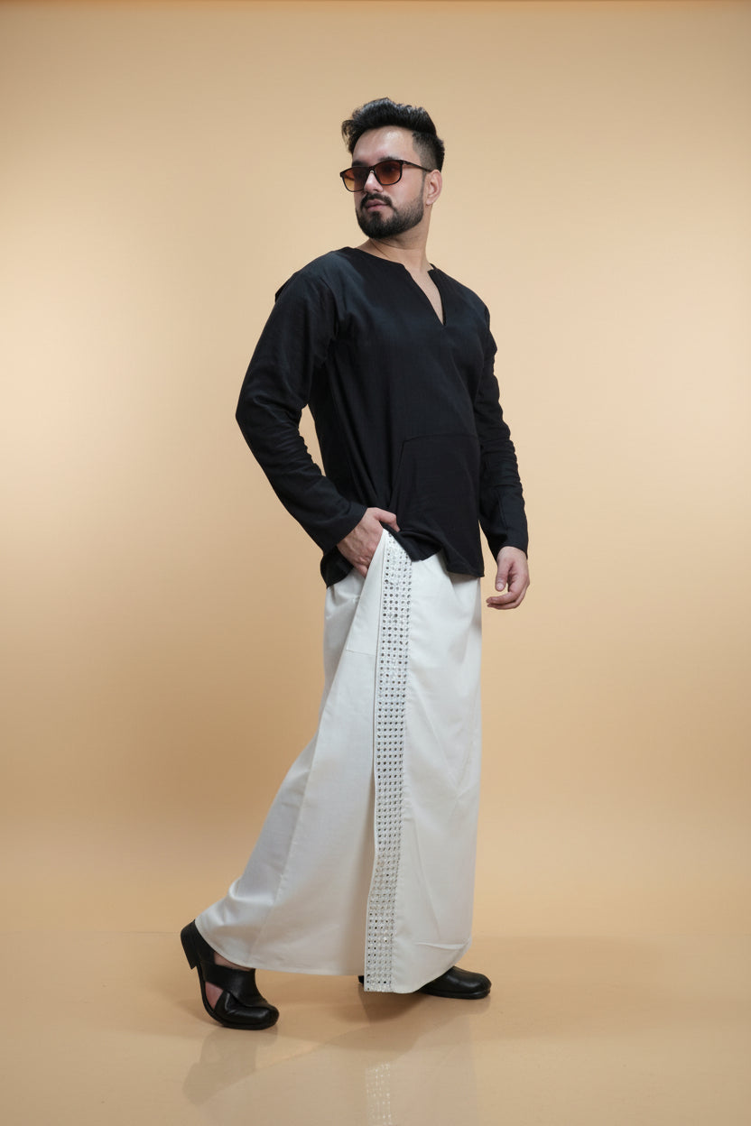Men White  Colour Pajamalungi With White Mirror embroidery Stripe