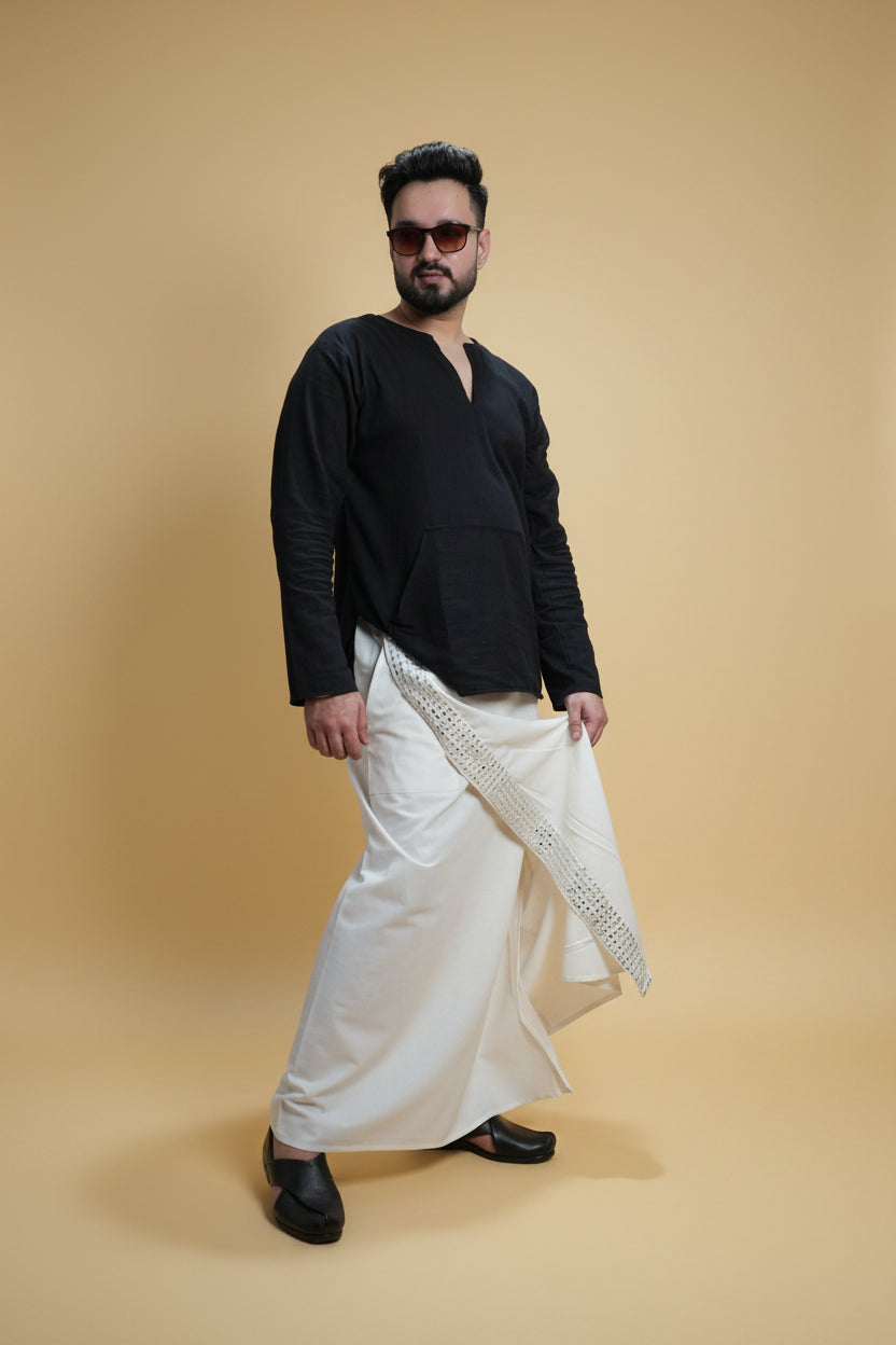 Men White  Colour Pajamalungi With White Mirror embroidery Stripe