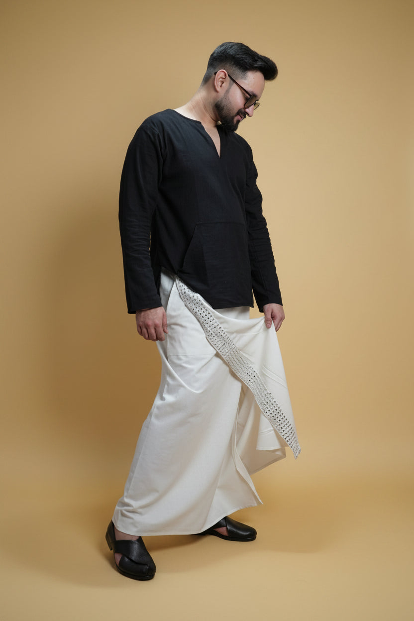 Men White  Colour Pajamalungi With White Mirror embroidery Stripe