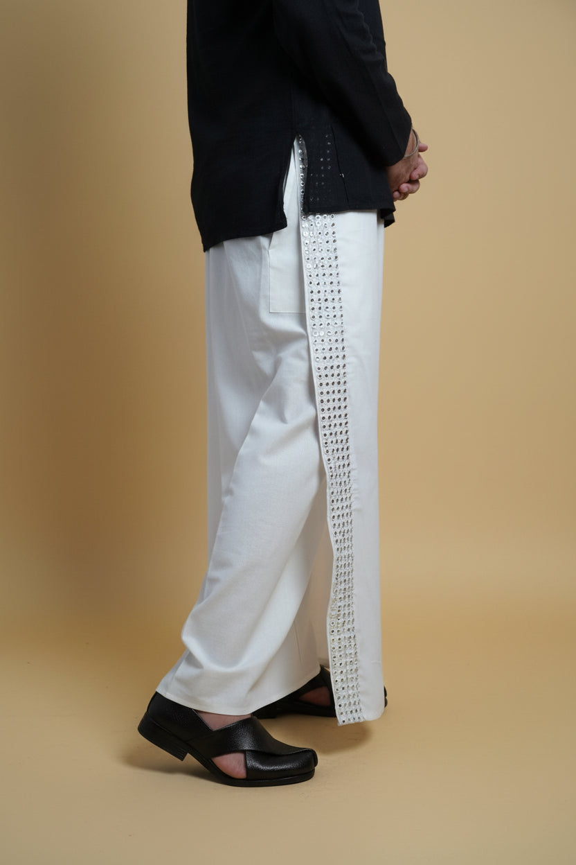 Men White  Colour Pajamalungi With White Mirror embroidery Stripe
