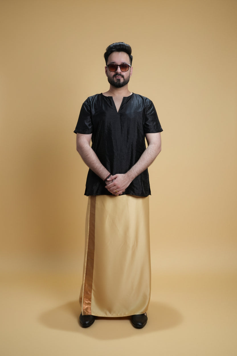 Men Golden  Colour Pajamalungi With Copper Zari Stripe Panel
