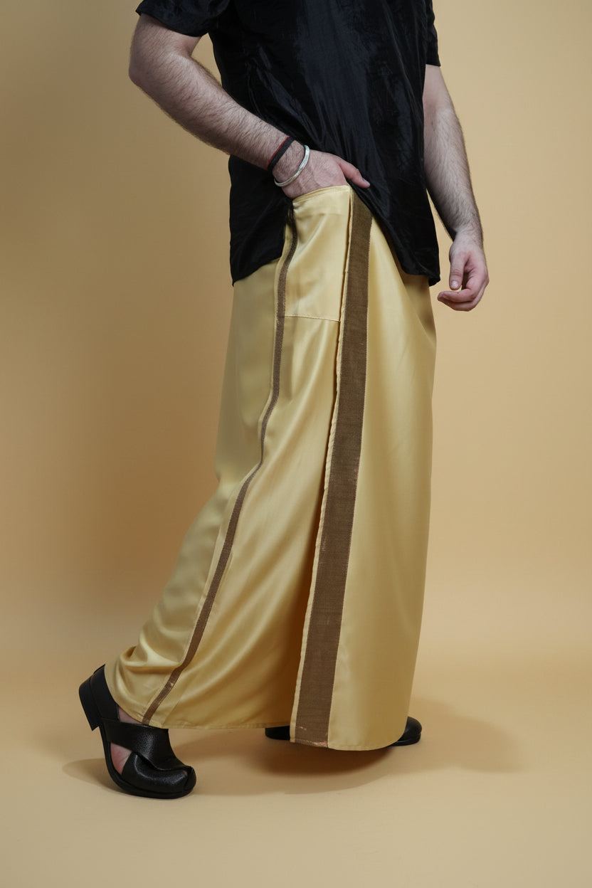 Men Golden  Colour Pajamalungi With Copper Zari Stripe Panel