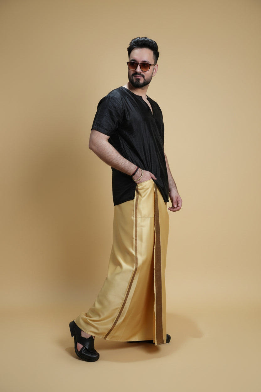 Men Golden  Colour Pajamalungi With Copper Zari Stripe Panel