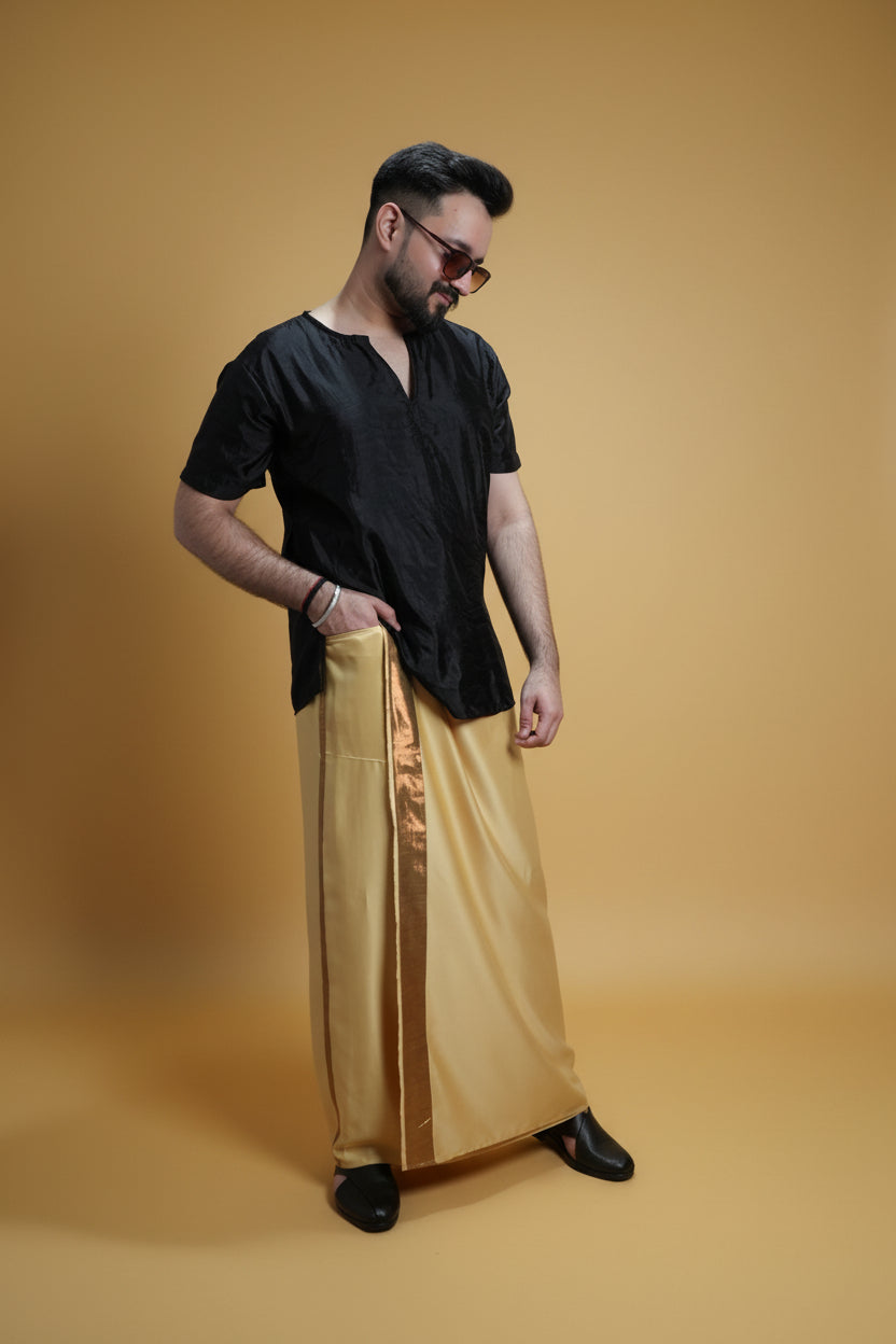 Men Golden  Colour Pajamalungi With Copper Zari Stripe Panel