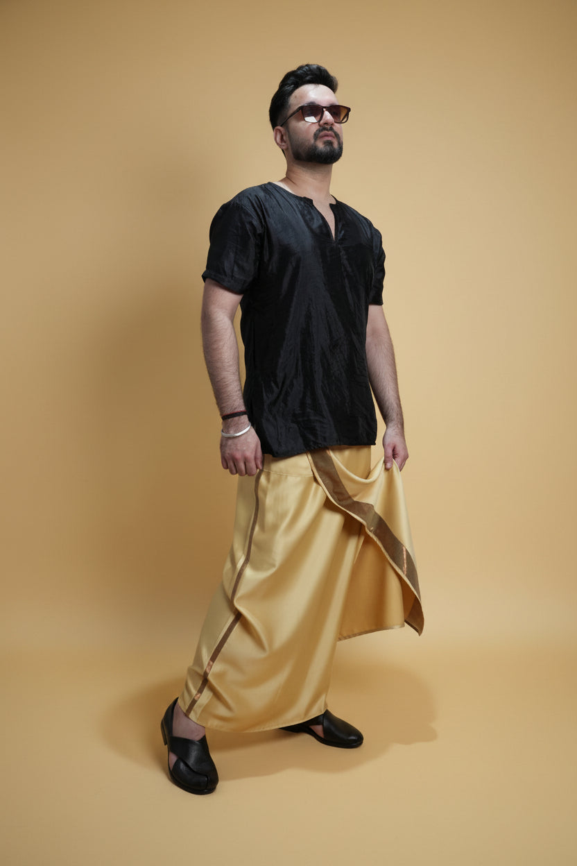 Men Golden  Colour Pajamalungi With Copper Zari Stripe Panel