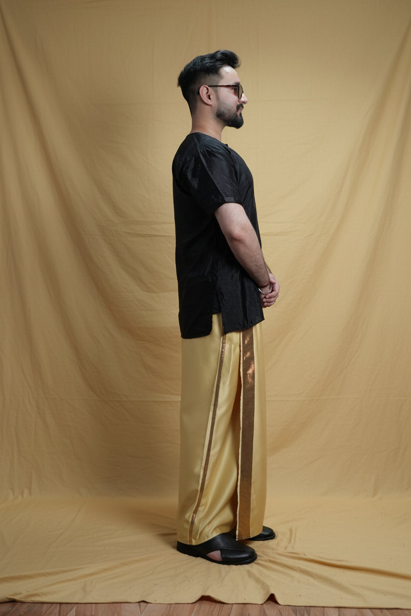 Men Golden  Colour Pajamalungi With Copper Zari Stripe Panel