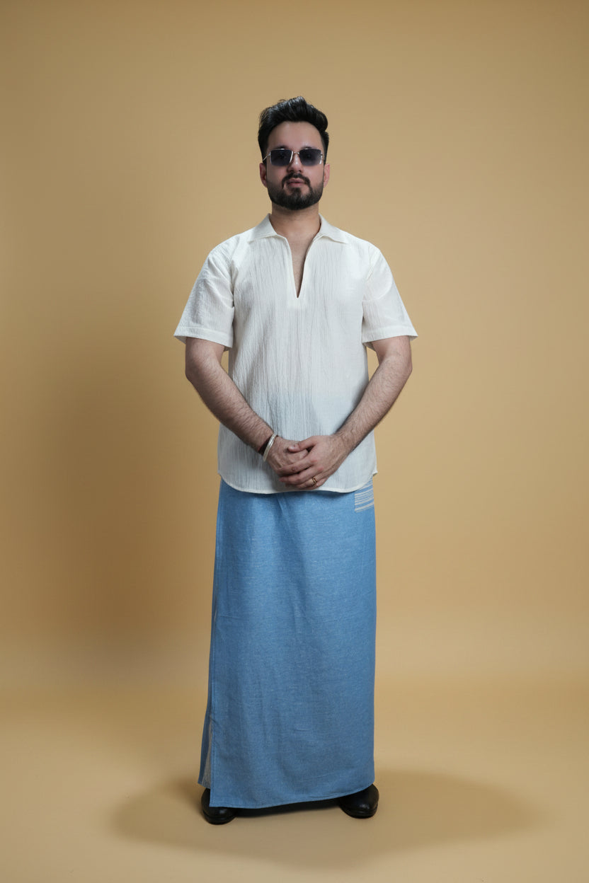 Men Light Blue Color Pajamalungi With Blue Stripe Panel