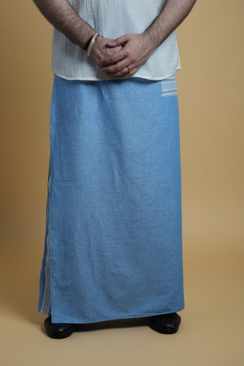Men Light Blue Color Pajamalungi With Blue Stripe Panel