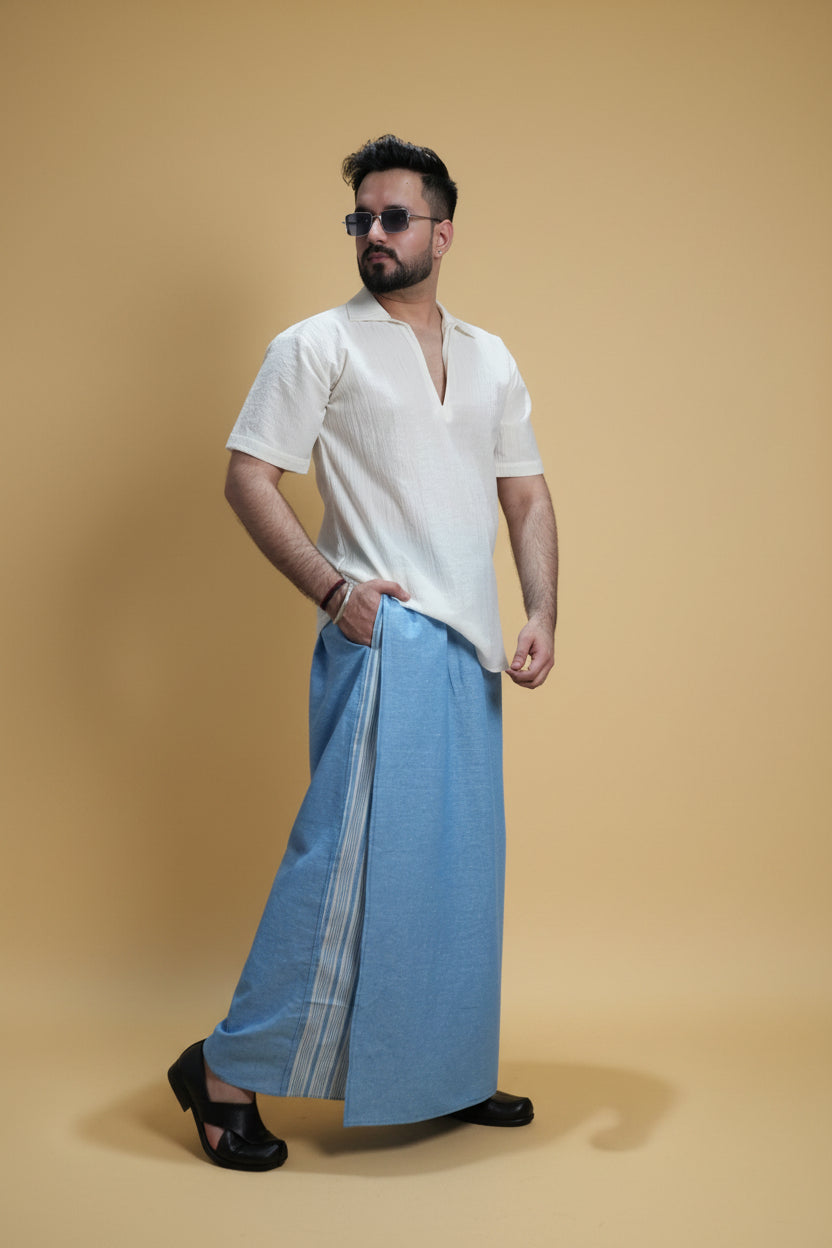 Men Light Blue Color Pajamalungi With Blue Stripe Panel