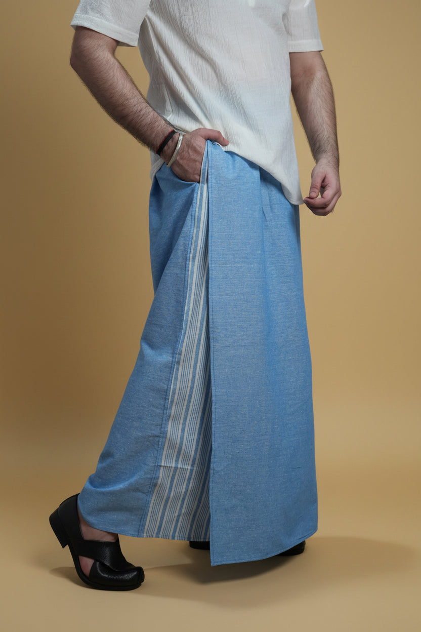 Men Light Blue Color Pajamalungi With Blue Stripe Panel