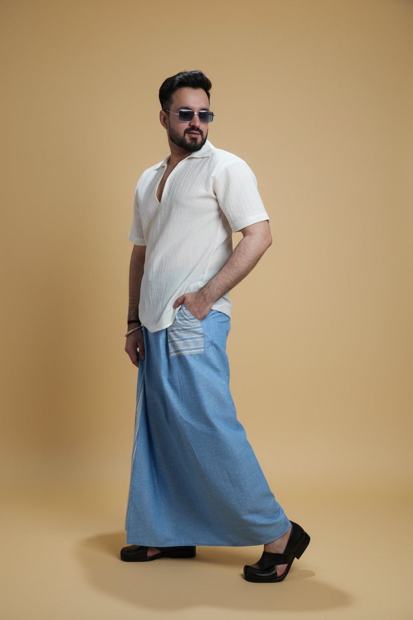 Men Light Blue Color Pajamalungi With Blue Stripe Panel