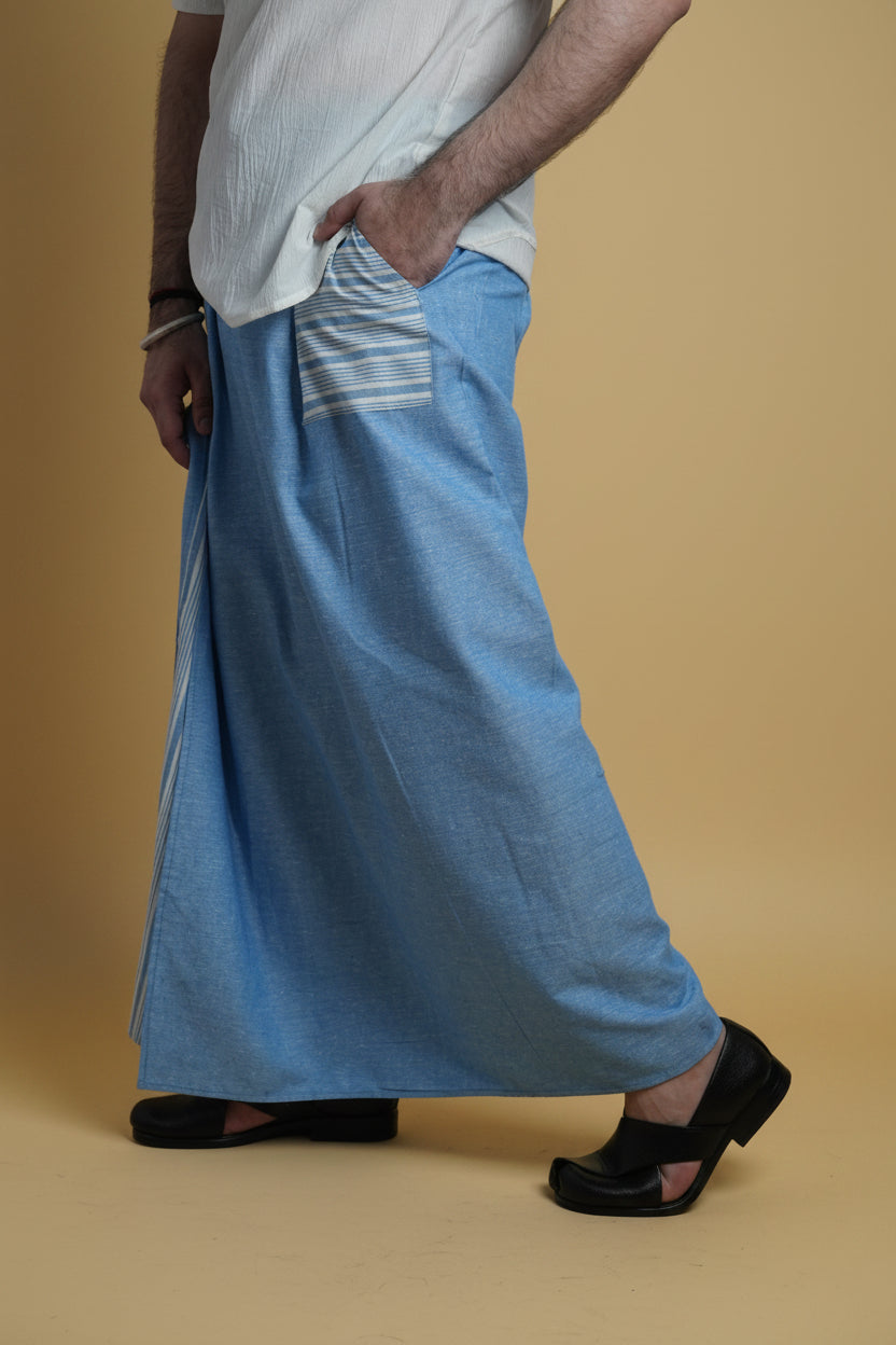Men Light Blue Color Pajamalungi With Blue Stripe Panel