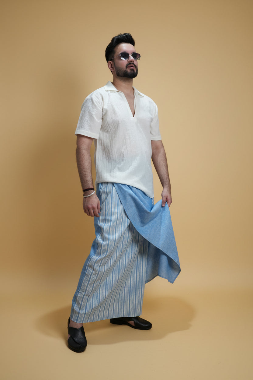 Men Light Blue Color Pajamalungi With Blue Stripe Panel