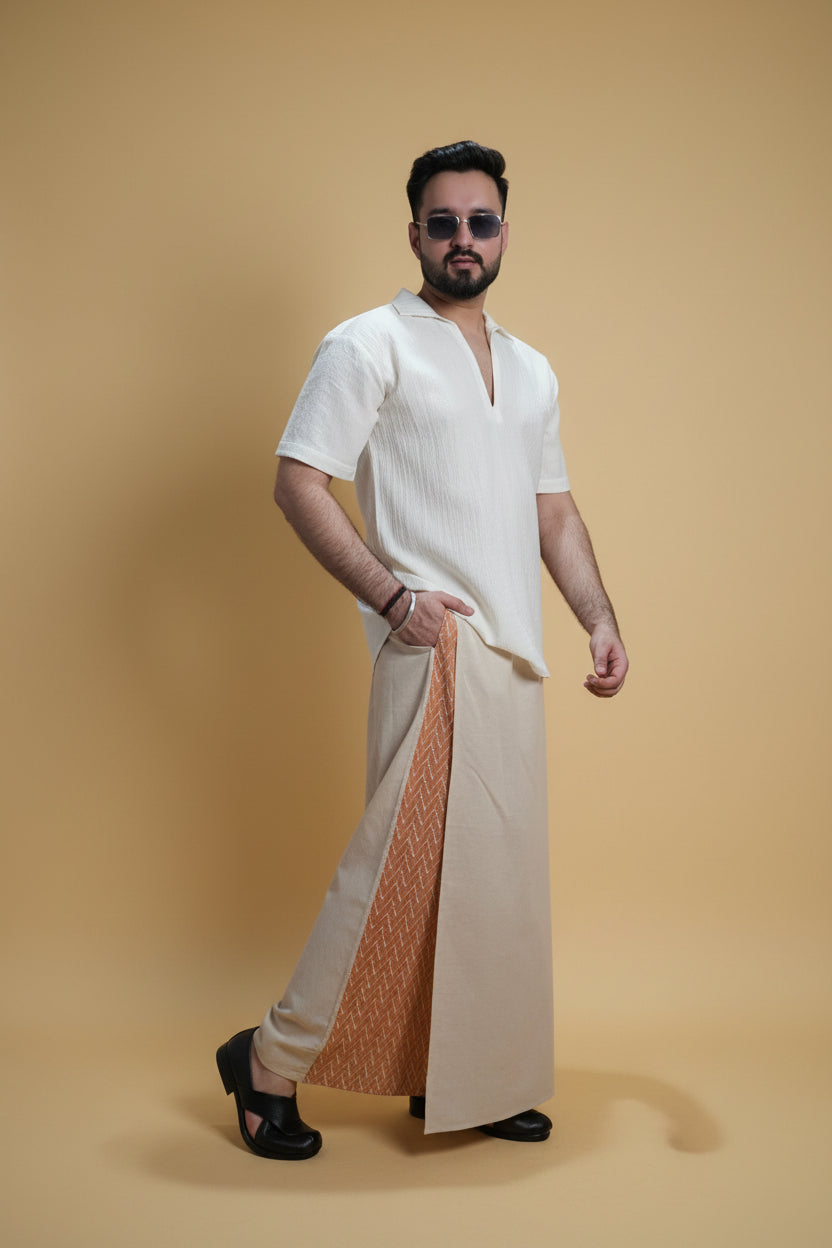 Men Beige Color  Pajamalungi With Brown Embroidery 1 Panel