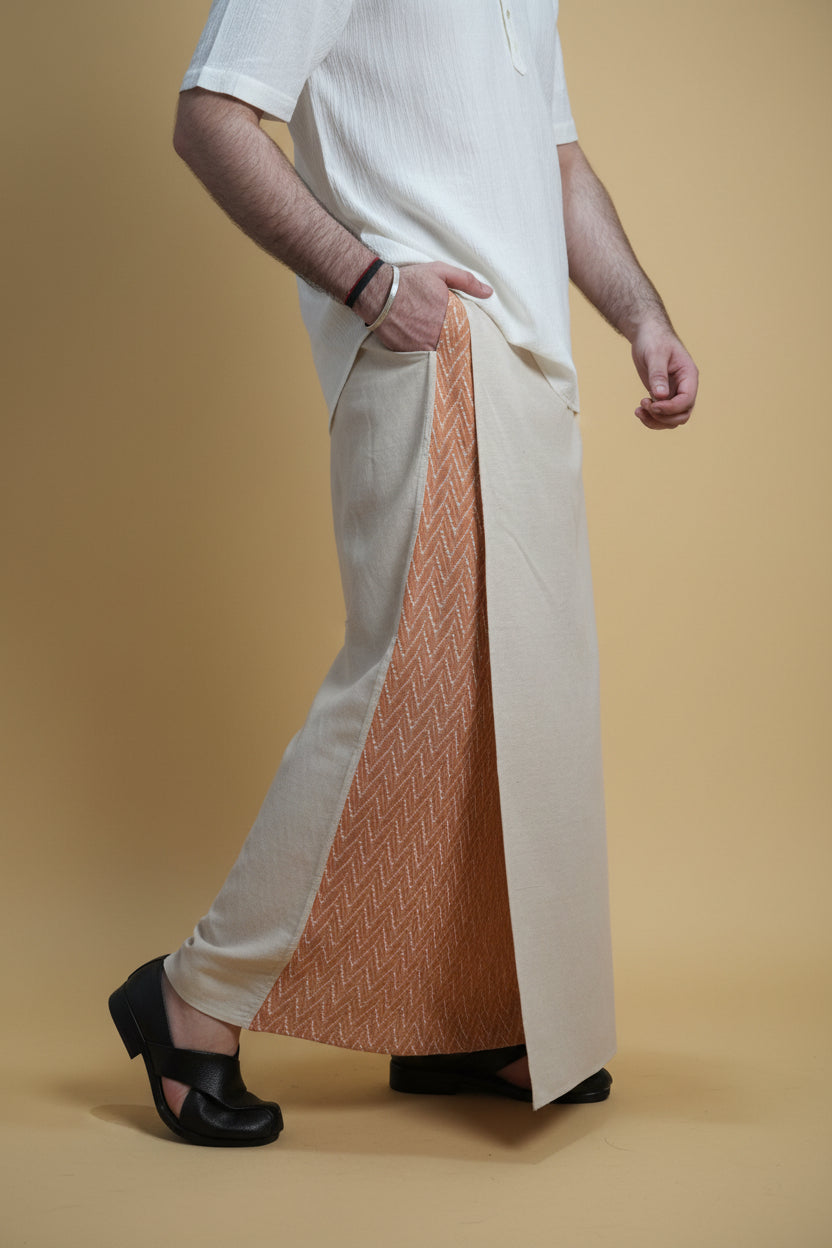 Men Beige Color  Pajamalungi With Brown Embroidery 1 Panel