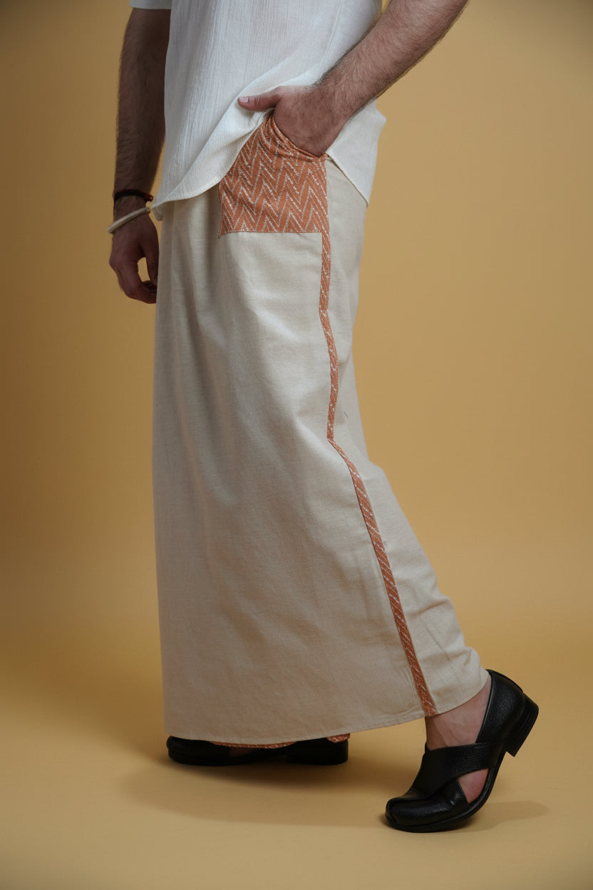 Men Beige Color  Pajamalungi With Brown Embroidery 1 Panel
