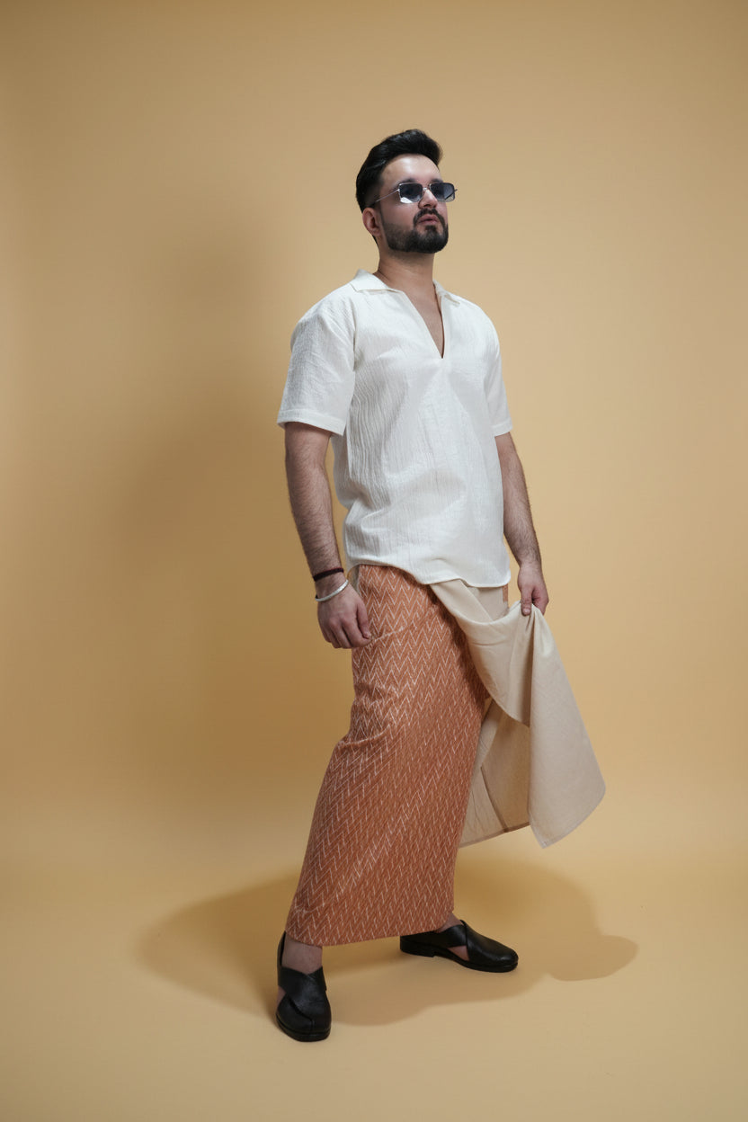 Men Beige Color  Pajamalungi With Brown Embroidery 1 Panel
