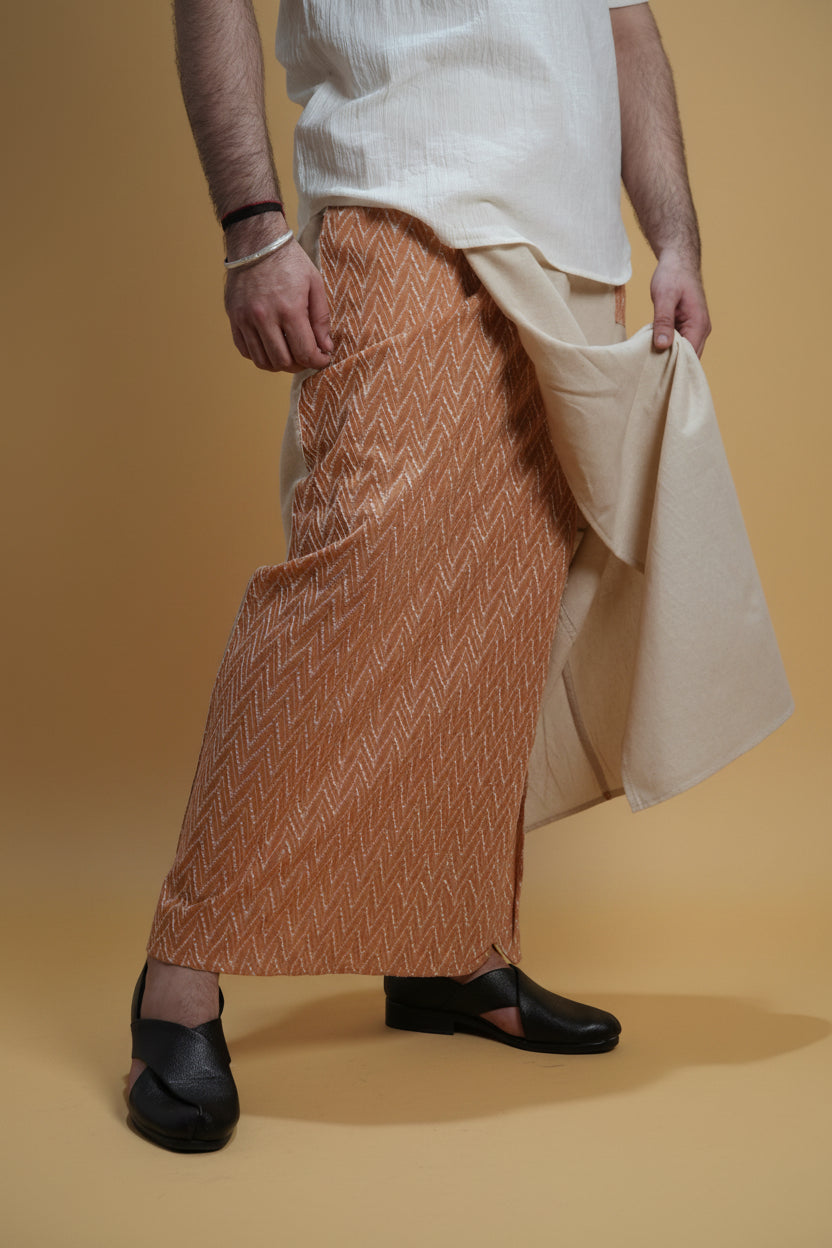 Men Beige Color  Pajamalungi With Brown Embroidery 1 Panel