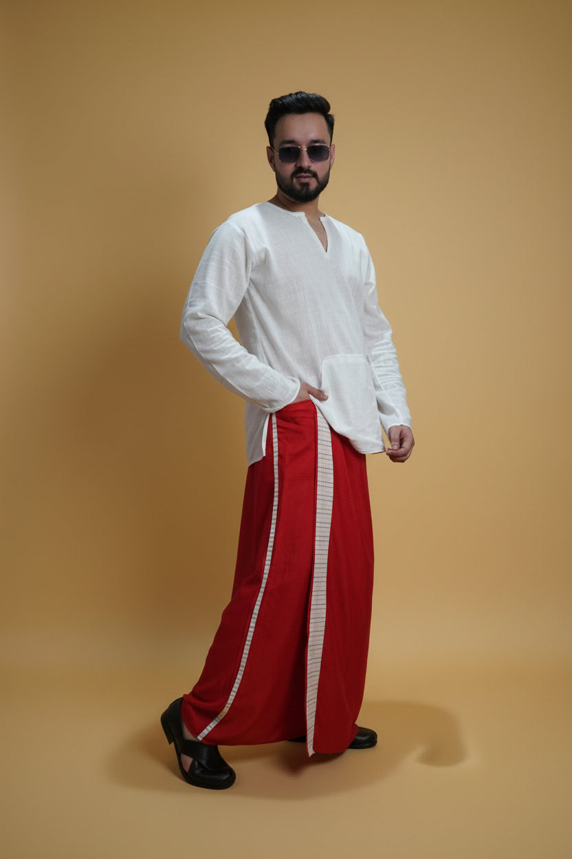 Men Red Colour Pajamalungi With White Stripe Panel