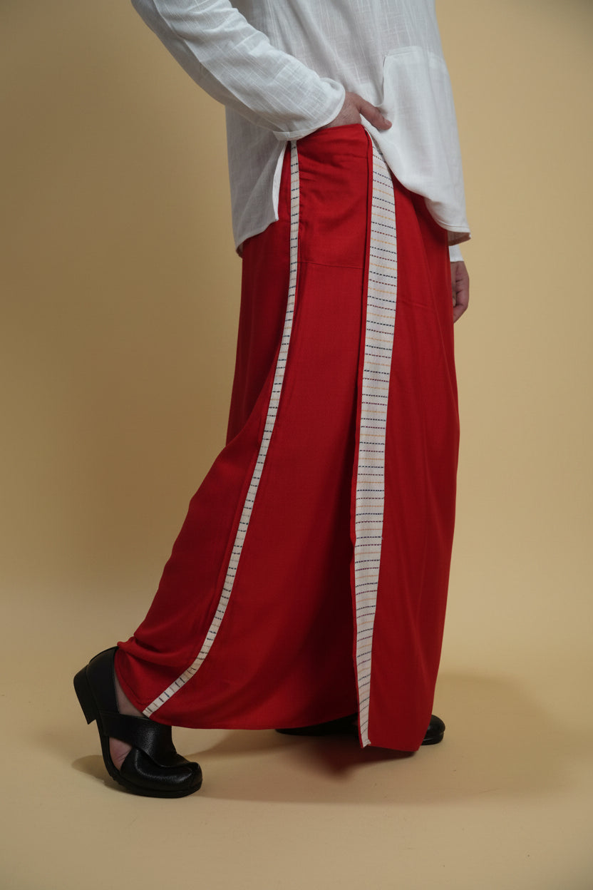 Men Red Colour Pajamalungi With White Stripe Panel