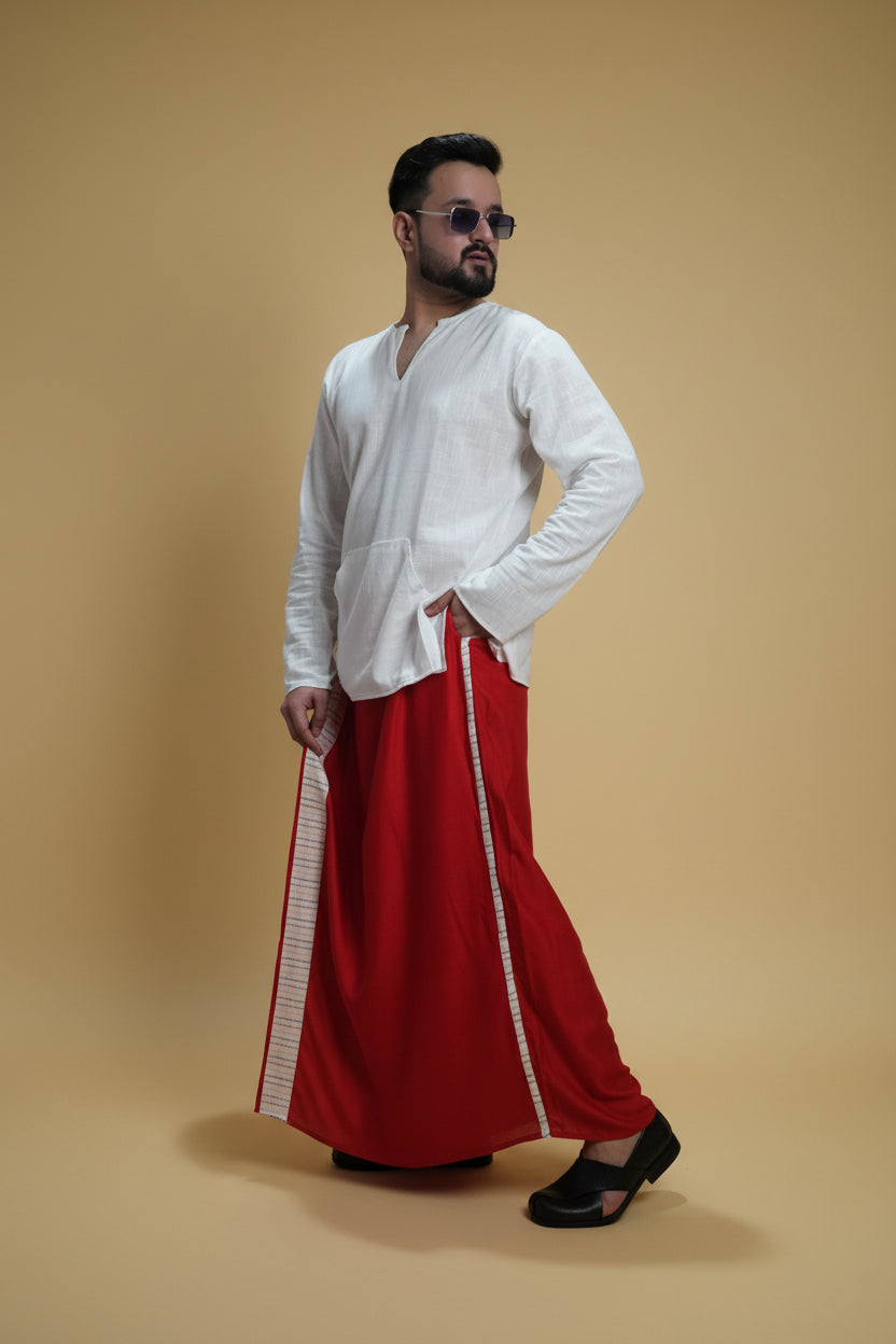 Men Red Colour Pajamalungi With White Stripe Panel
