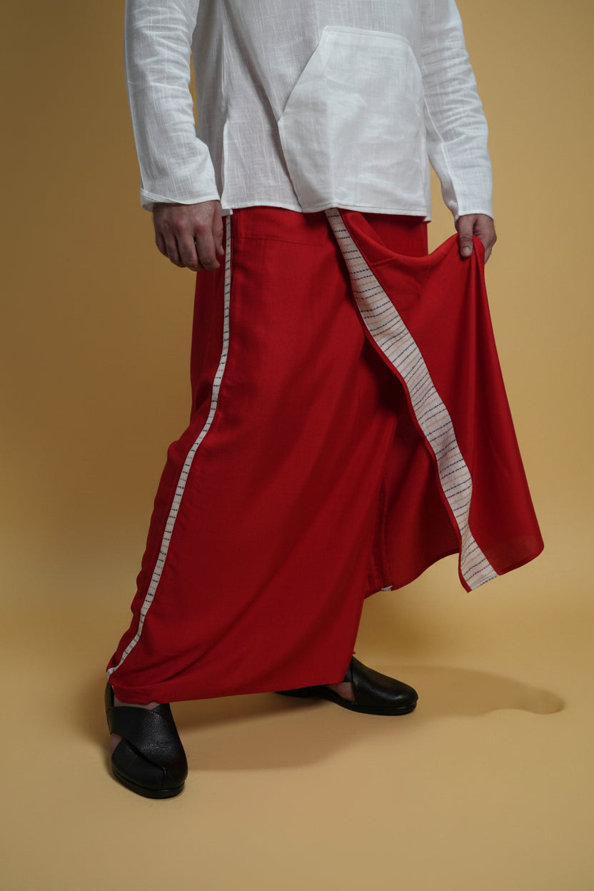Men Red Colour Pajamalungi With White Stripe Panel