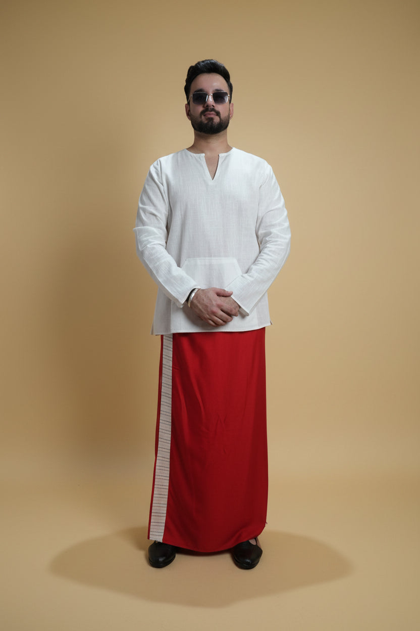 Men Red Colour Pajamalungi With White Stripe Panel