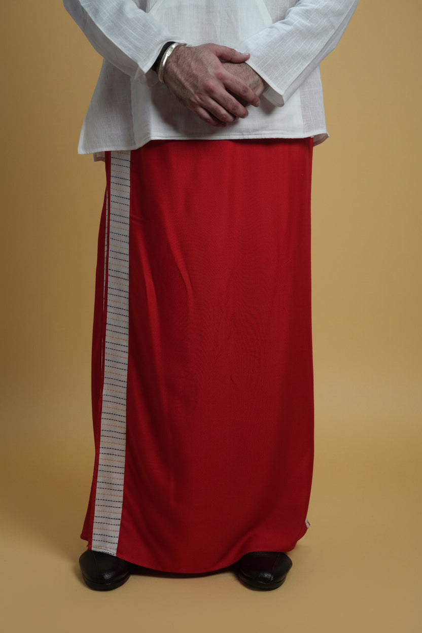 Men Red Colour Pajamalungi With White Stripe Panel