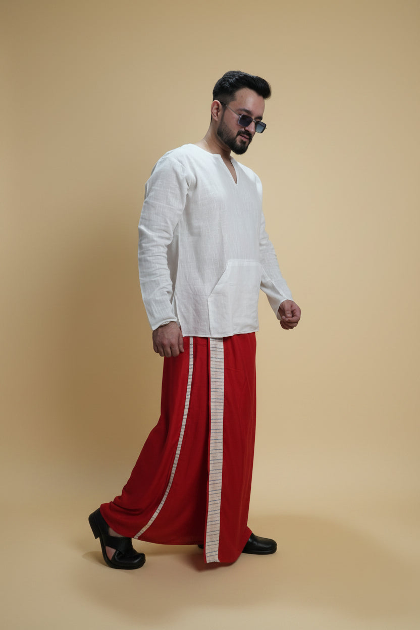 Men Red Colour Pajamalungi With White Stripe Panel