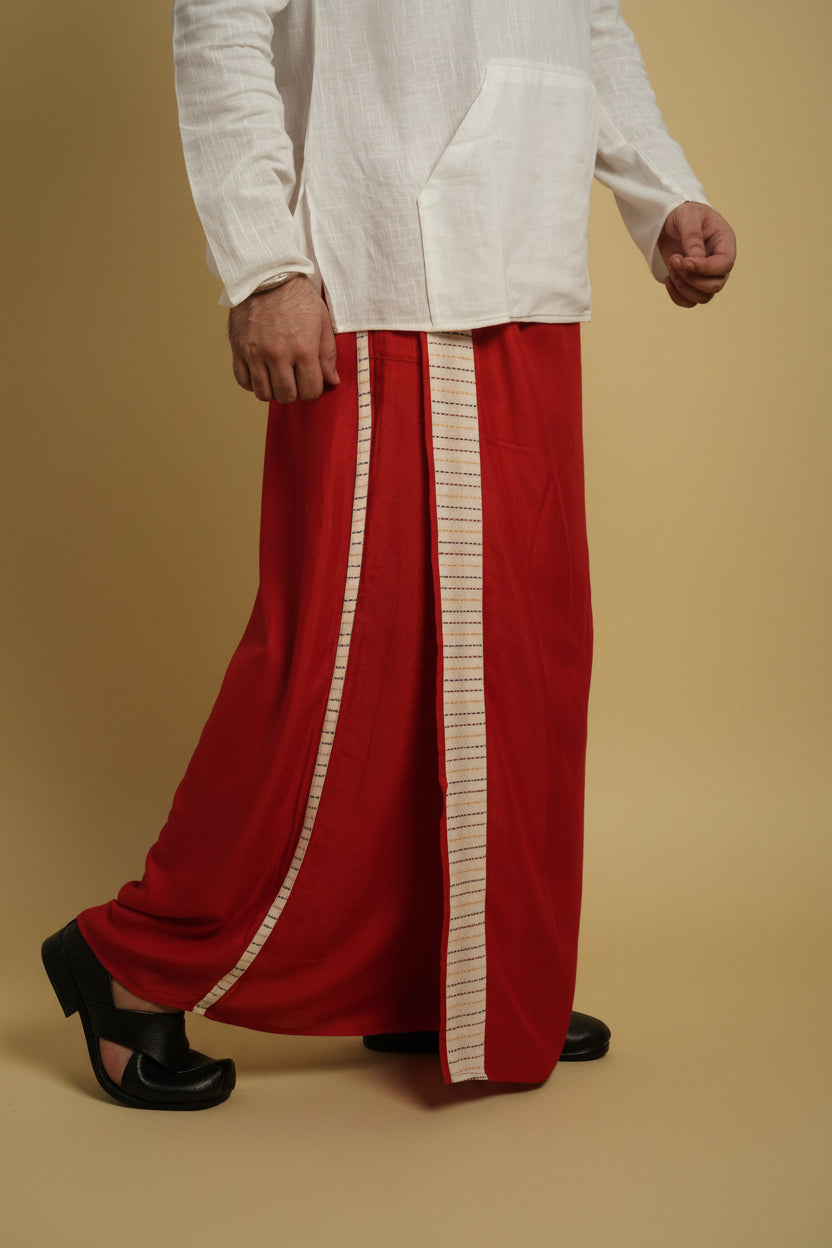 Men Red Colour Pajamalungi With White Stripe Panel