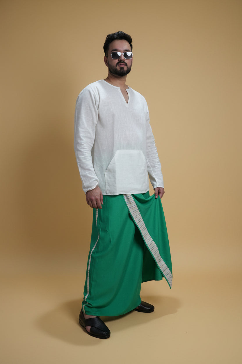 Men Green Colour Pajamalungi With White Stripe Panel