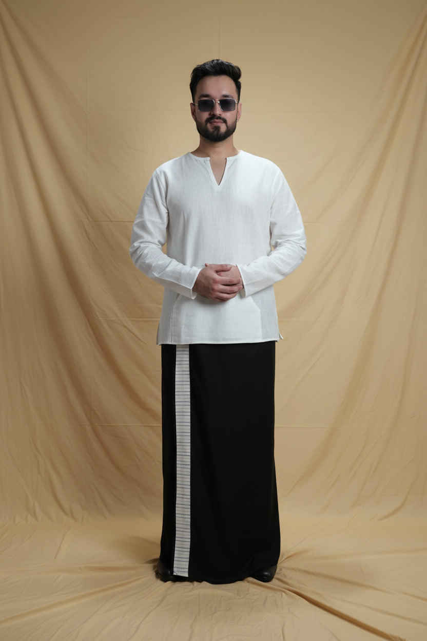 Men Black Colour Pajamalungi With White Stripe Panel