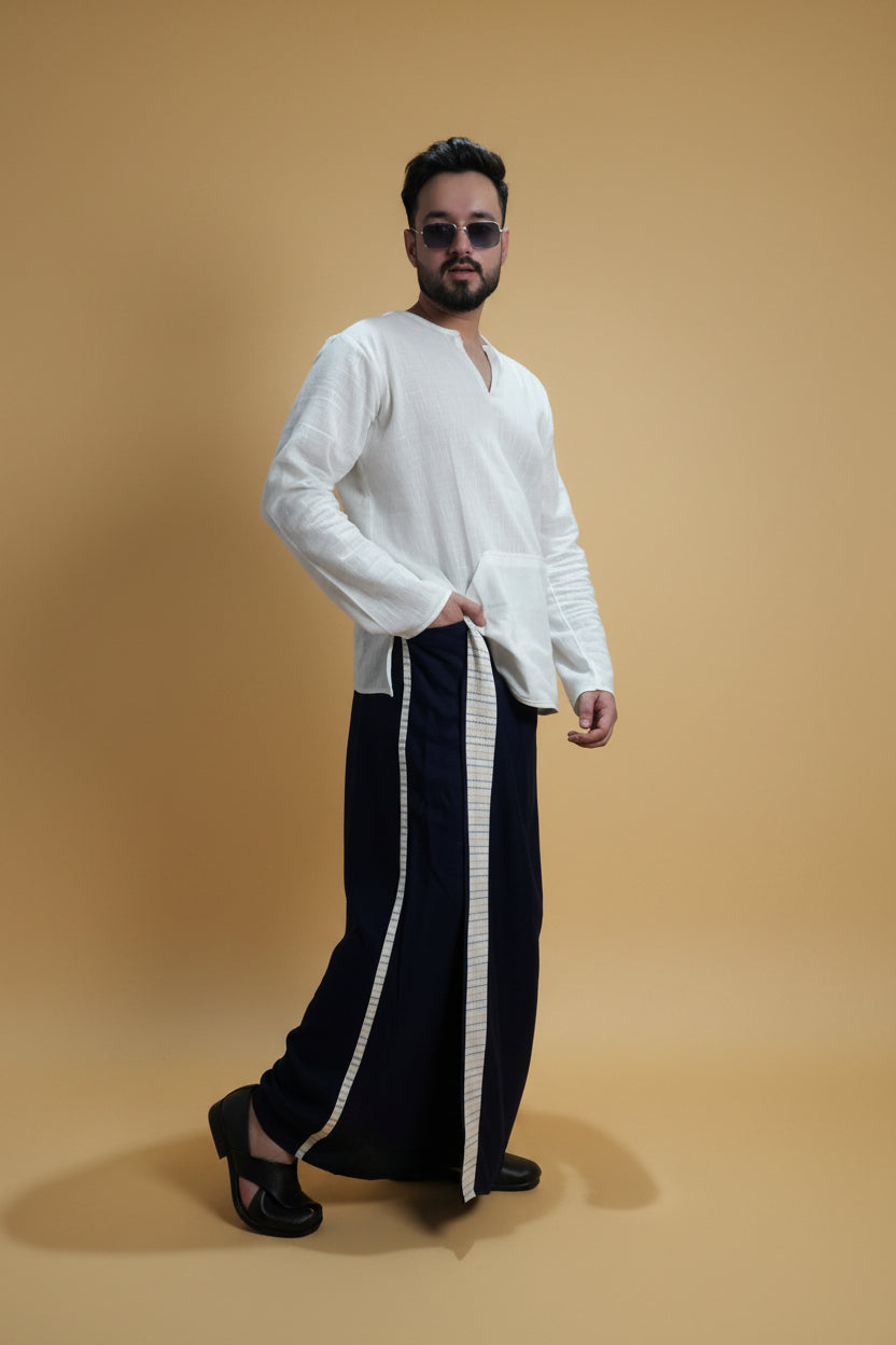 Men Navy Blue Colour Pajamalungi With White Stripe Panel