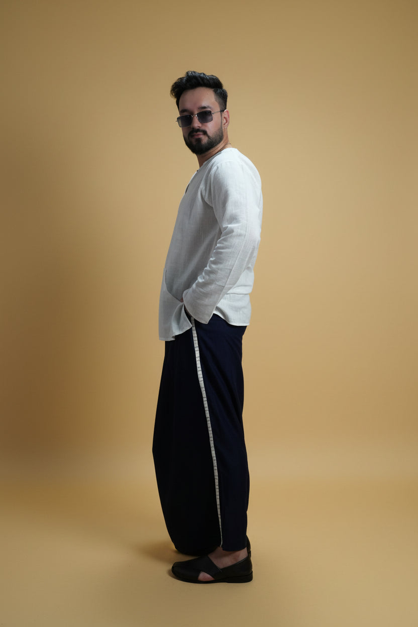 Men Navy Blue Colour Pajamalungi With White Stripe Panel