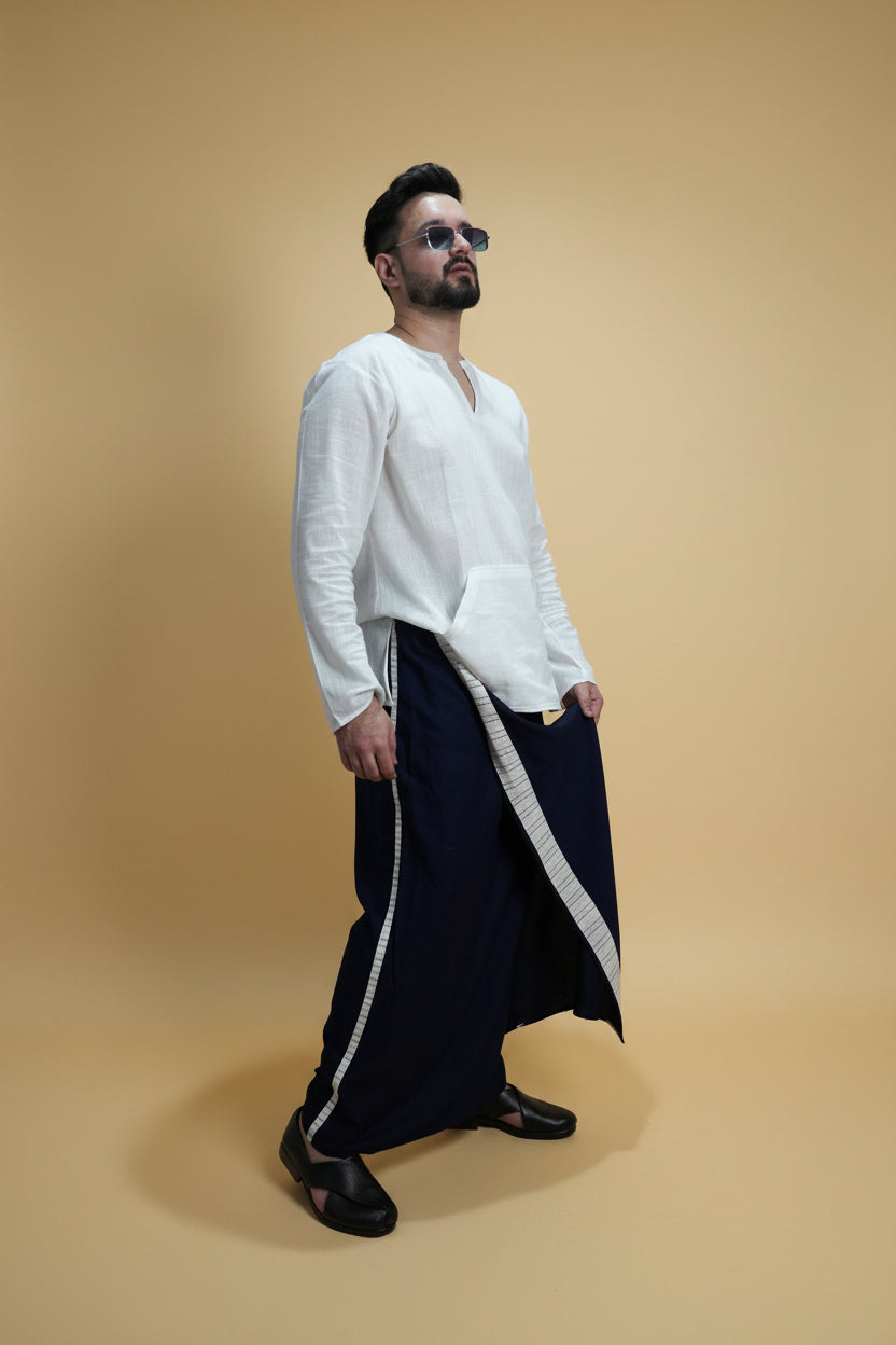 Men Navy Blue Colour Pajamalungi With White Stripe Panel