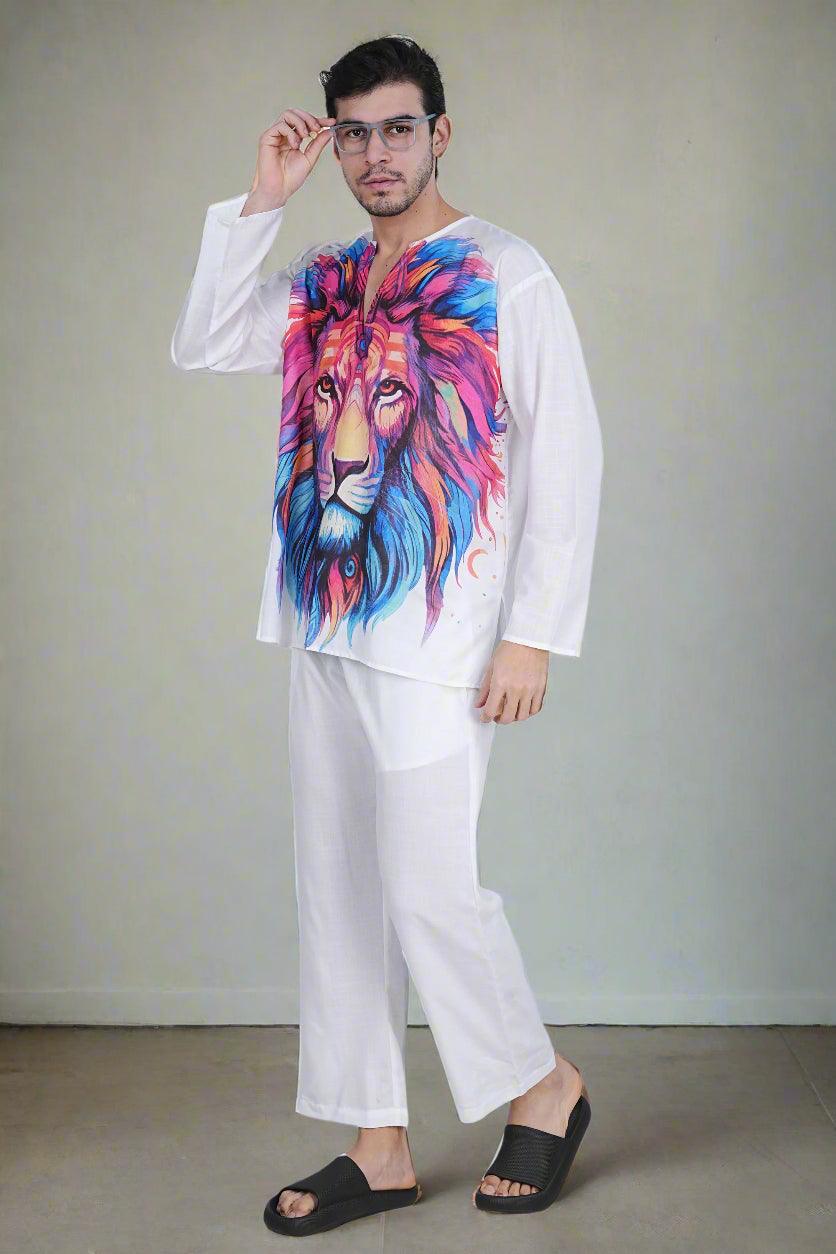 Regal Roar Lion Print Kurta - Nirmal Online