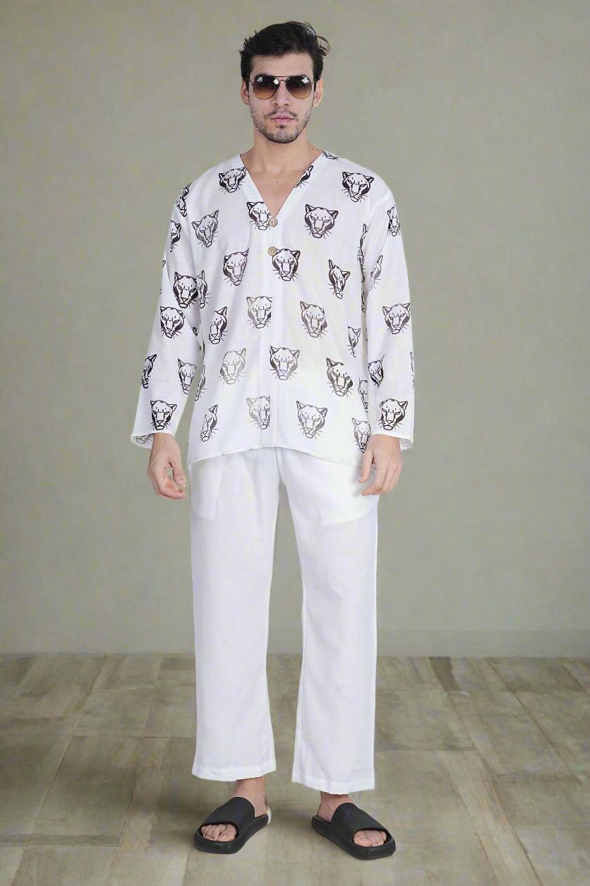 White Poly linen evergreen Pajama - Nirmal Online
