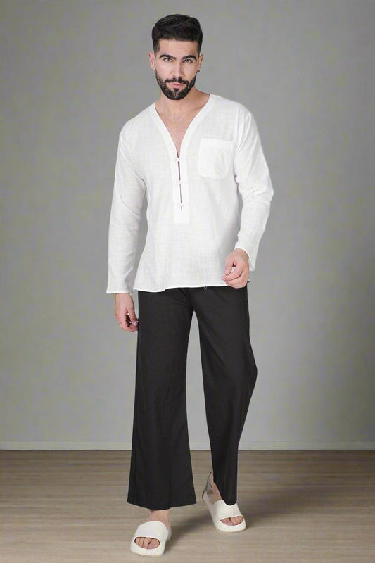 White self button Kurta - Nirmal Online